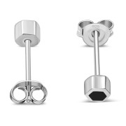 Tiny Black Onyx Hexagon Silver Stud Earrings, e372